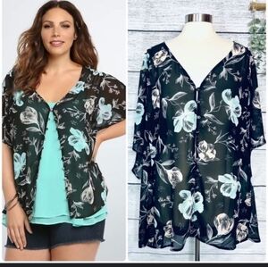 Torrid Sheer Floral Button Down Blouse 0X Black Blue Pink